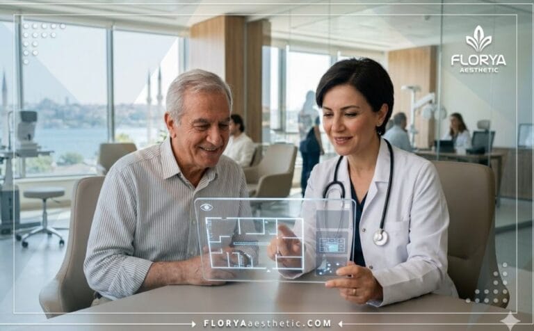 Médico profesional mostrando un plan digital con el Mejor oftalmólogo en Estambul.
