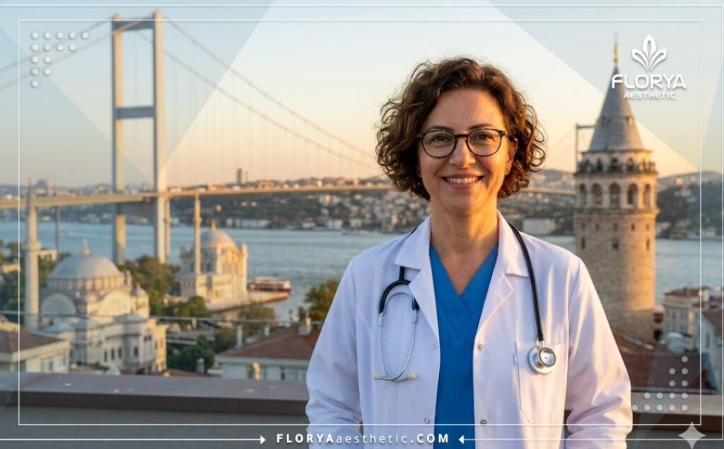 Приветливый врач на фоне Босфорского моста в Стамбуле