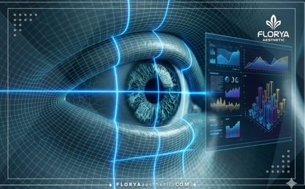 Escaneo macro 3D de alta tecnología de la anatomía del ojo y el iris con malla láser azul.