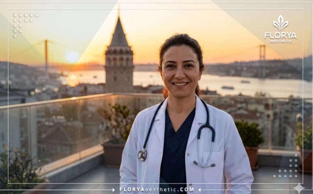 Médico amable sonriendo cálidamente con el Puente del Bósforo en Estambul al fondo.