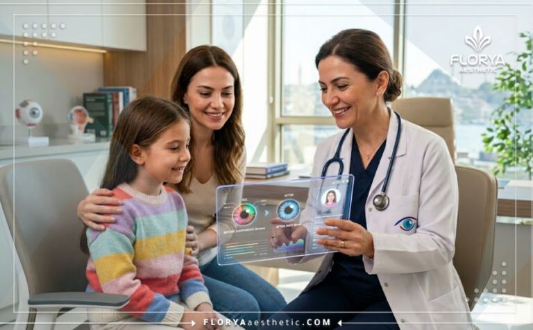 طبيب محترف يستخدم أحدث التقنيات الرقمية لتخطيط تغيير لون العين للاطفال في تركيا.