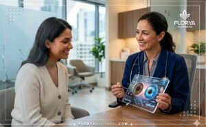 طبيب محترف يشرح خطة تغيير لون العين جراحيا للمريض عبر جهاز لوحي متطور.