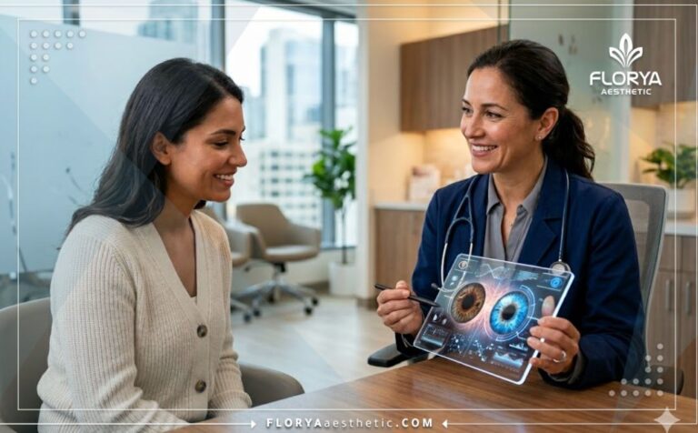 طبيب محترف يشرح خطة تغيير لون العين جراحيا للمريض عبر جهاز لوحي متطور.