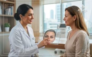 طبيب خبير يعرض خطة خيوط رفع الحواجب في تركيا للمريض باستخدام تكنولوجيا متطورة