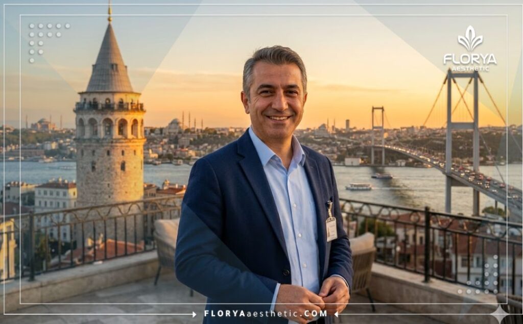 Sourire chaleureux d'un médecin esthétique vous accueillant à Istanbul près du pont du Bosphore