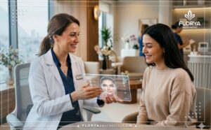 طبيب خبير يشرح خطة علاج ميزوثيرابي الوجه في تركيا للمريض باستخدام أحدث التقنيات الرقمية