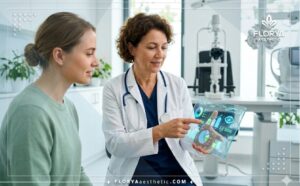 Профессиональный врач объясняет Цена Фемто ЛАСИК включая обследования пациенту с помощью планшета.