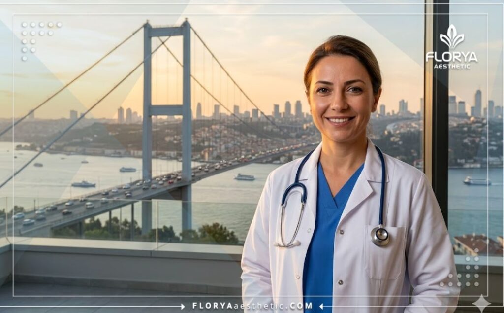 طبيب ودود يرحب بالمرضى مع خلفية لمعالم إسطنبول السياحية.