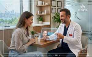 طبيب محترف يشرح خطة علاج ليزر الفراكشنال في تركيا للمريض باستخدام أحدث التقنيات الرقمية