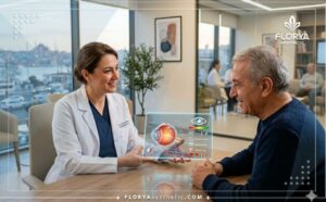 Врач обсуждает Стоимость операции при глаукоме в Турции с пациентом.