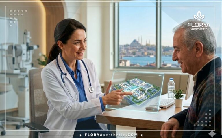 طبيب يشرح خطة مستشفى لعلاج المياه الزرقاء في تركيا للمريض عبر جهاز لوحي