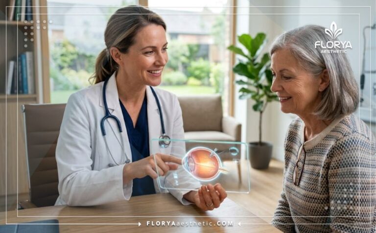 طبيب يستخدم جهاز لوحي متطور لشرح تفاصيل عملية زراعة صمام لتصريف ضغط العين