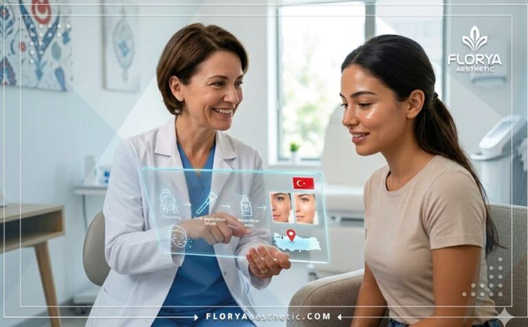 طبيب خبير يستخدم تقنية رقمية حديثة لشرح تقشير حمض الجليكوليك للنضارة في تركيا للمريض