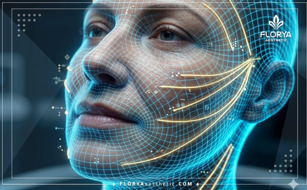 High-tech 3D macro surface scan highlighting the precise facial area for a thread lift.
