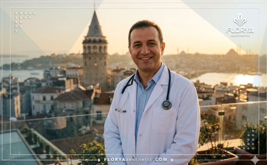 Smiling aesthetic doctor in Istanbul welcoming patients, with the Bosphorus in the background.