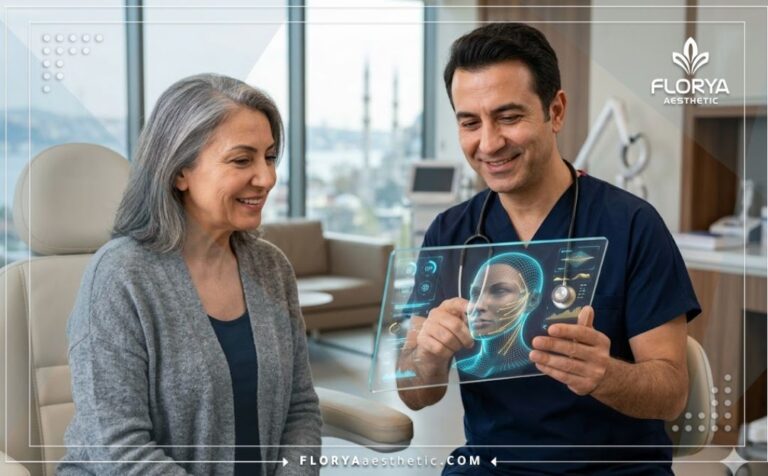 طبيب خبير يستخدم التكنولوجيا الرقمية لشرح تفاصيل الخيوط الذهبية في تركيا للمريض.