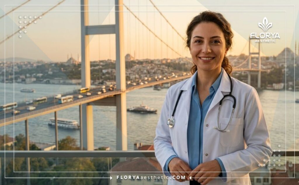 Friendly aesthetic doctor smiling in front of the iconic Bosphorus Bridge in Istanbul