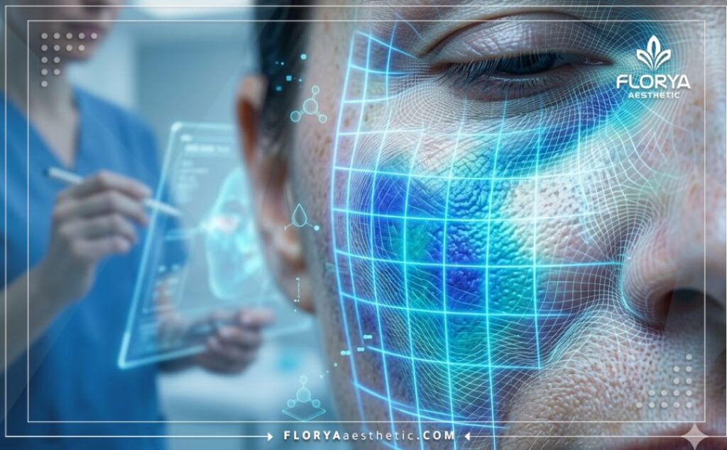 Scan 3D détaillé de l'épiderme du visage montrant l'analyse de l'hydratation de la peau.