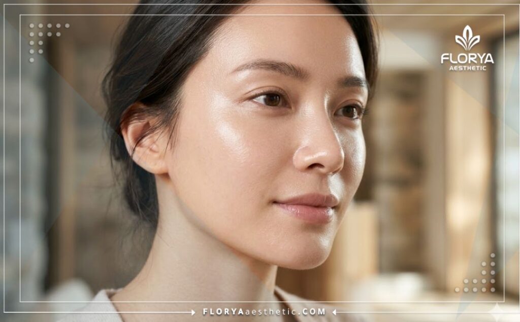 Plan rapproché sur une peau parfaite et lumineuse montrant le succès du traitement esthétique.