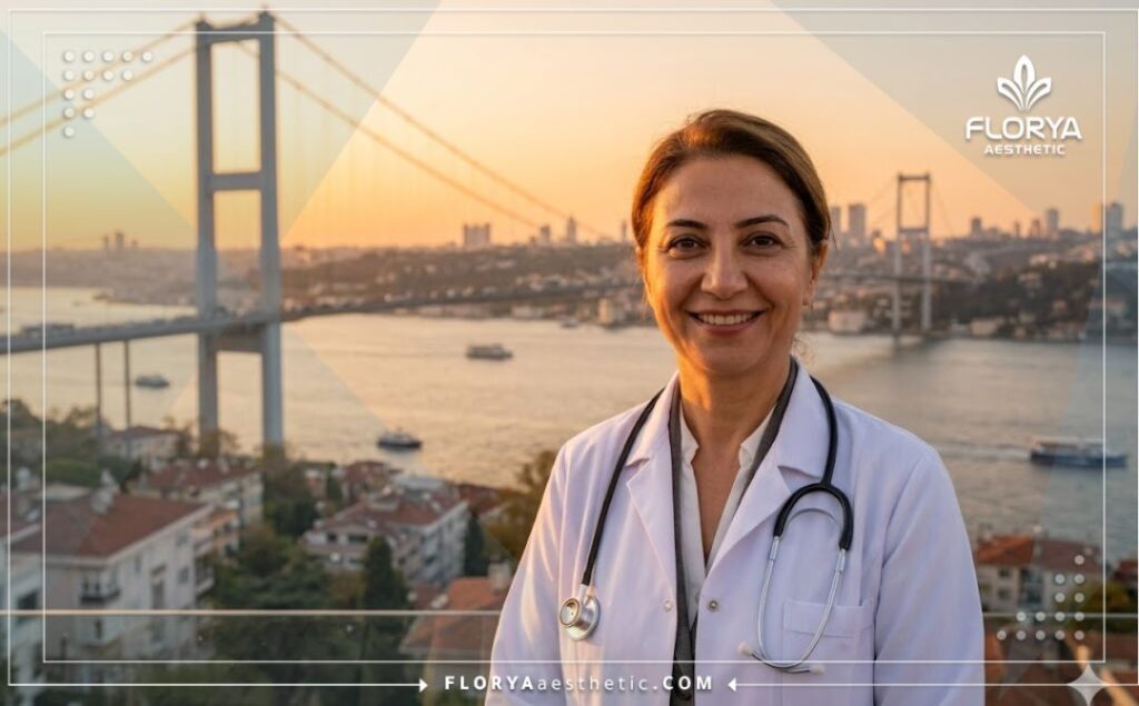 Chirurgien souriant avec le pont du Bosphore à Istanbul en arrière-plan.