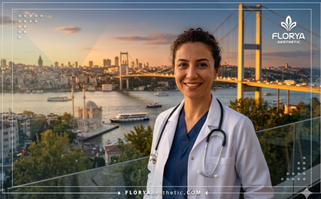 Friendly dermatologist welcoming patients to an Istanbul clinic.