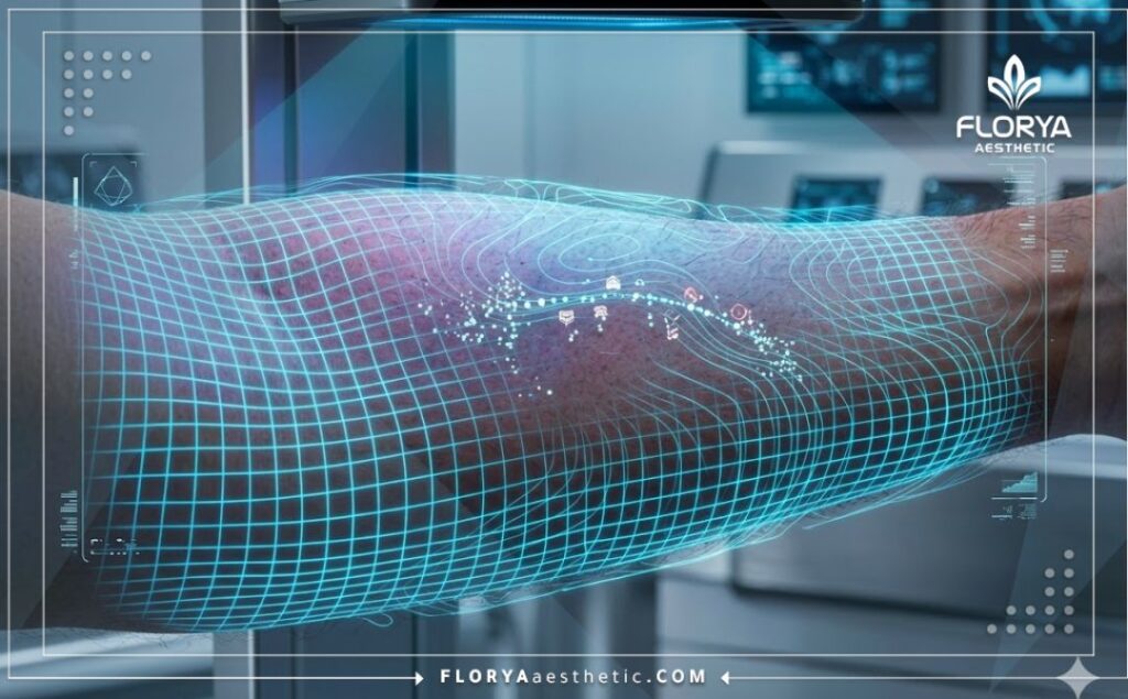 High-tech digital 3D macro scan showing precision mapping for an IV vitamin infusion.