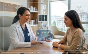 طبيب يشرح خطة حقن الفيتامينات الوريدية في تركيا للمريض باستخدام جهاز لوحي متطور