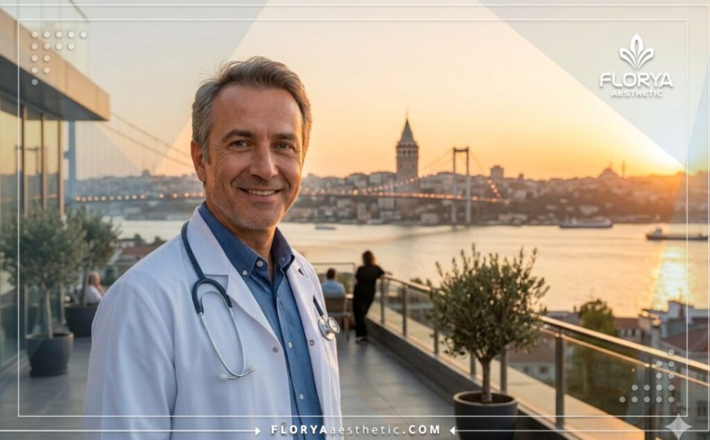 Friendly eye doctor welcoming patients to Istanbul with a beautiful cityscape