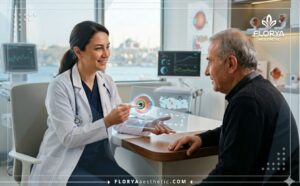 طبيب خبير يعرض خطة زراعة قزحية العين في تركيا للمريض باستخدام تكنولوجيا رقمية متطورة