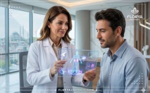 طبيب يشرح تقنية الجي بلازما في تركيا للمريض باستخدام جهاز لوحي متطور