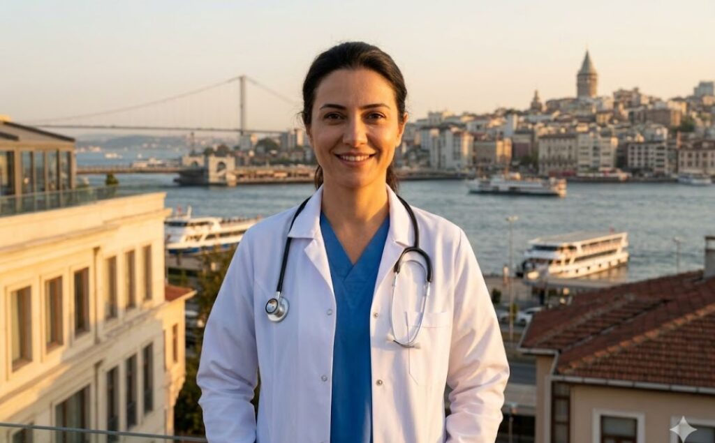 طبيب تجميل ودود يقف أمام جسر البوسفور في إسطنبول للترحيب بالمرضى