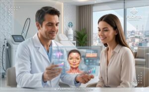 طبيب محترف يشرح تقنية البلازما جيت في تركيا للمريض باستخدام جهاز لوحي متطور