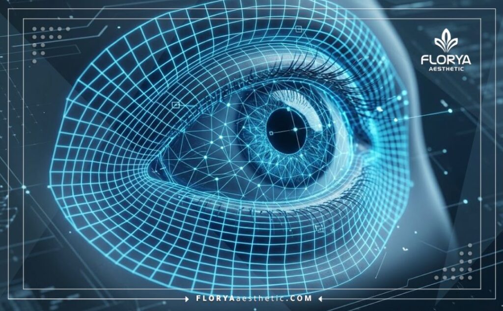 Modélisation numérique 3D précise de la surface cornéenne mettant en évidence l'anatomie de l'œil avec une grille laser bleue.