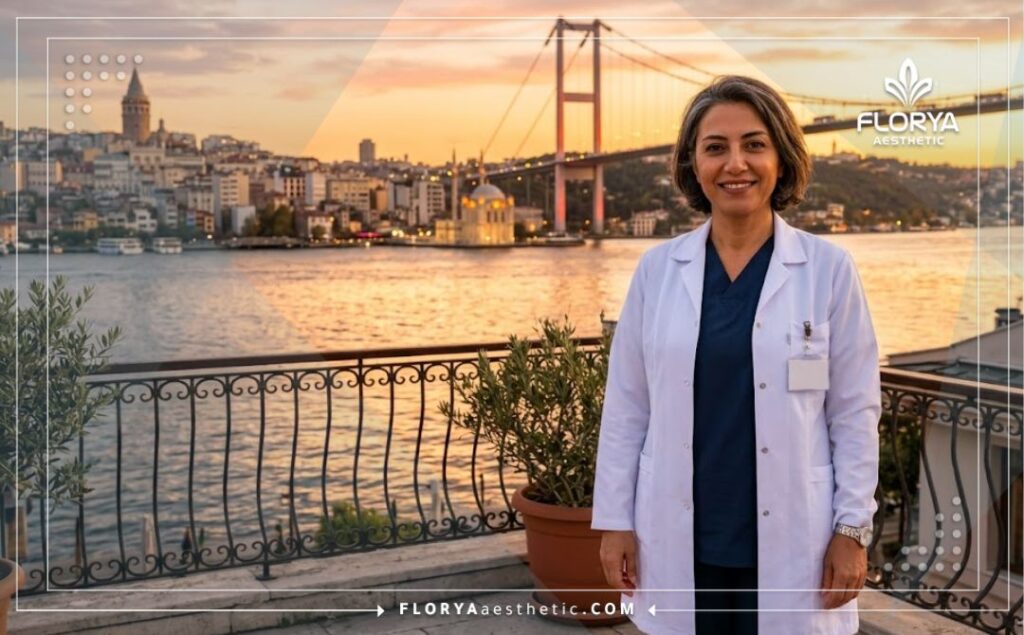 Médico amable dando la bienvenida a los pacientes con el puente del Bósforo de Estambul en el fondo.