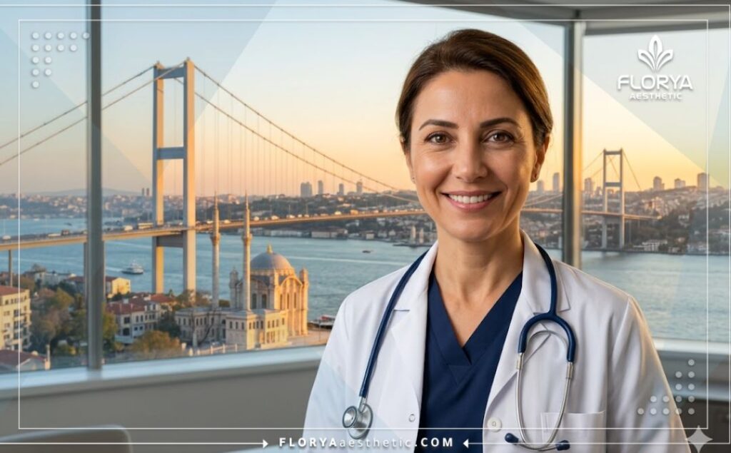 Chirurgien ophtalmologiste souriant avec vue sur Istanbul