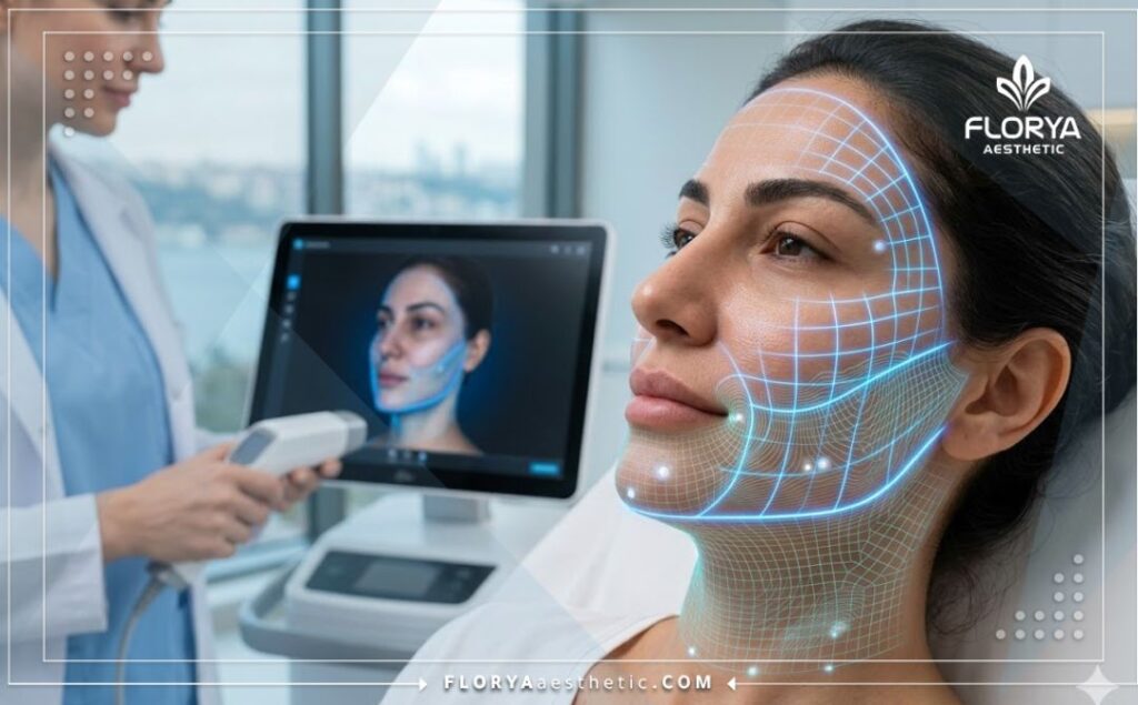 High-tech 3D topographical mesh scan of facial contours for precise thread placement