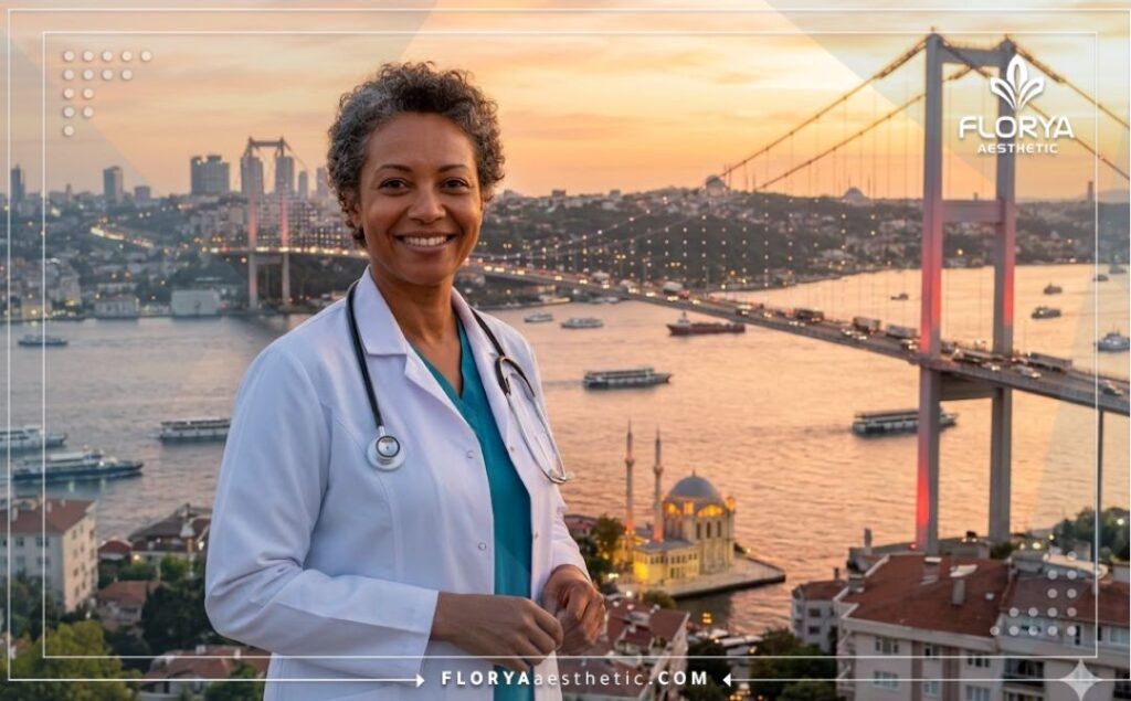Friendly aesthetic doctor welcoming patients with the Bosphorus Bridge in the background