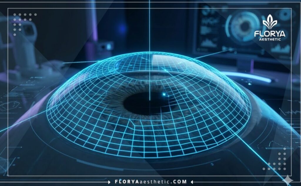 Futuristic 3D macro surface scan highlighting the precise digital mesh mapping of the cornea.