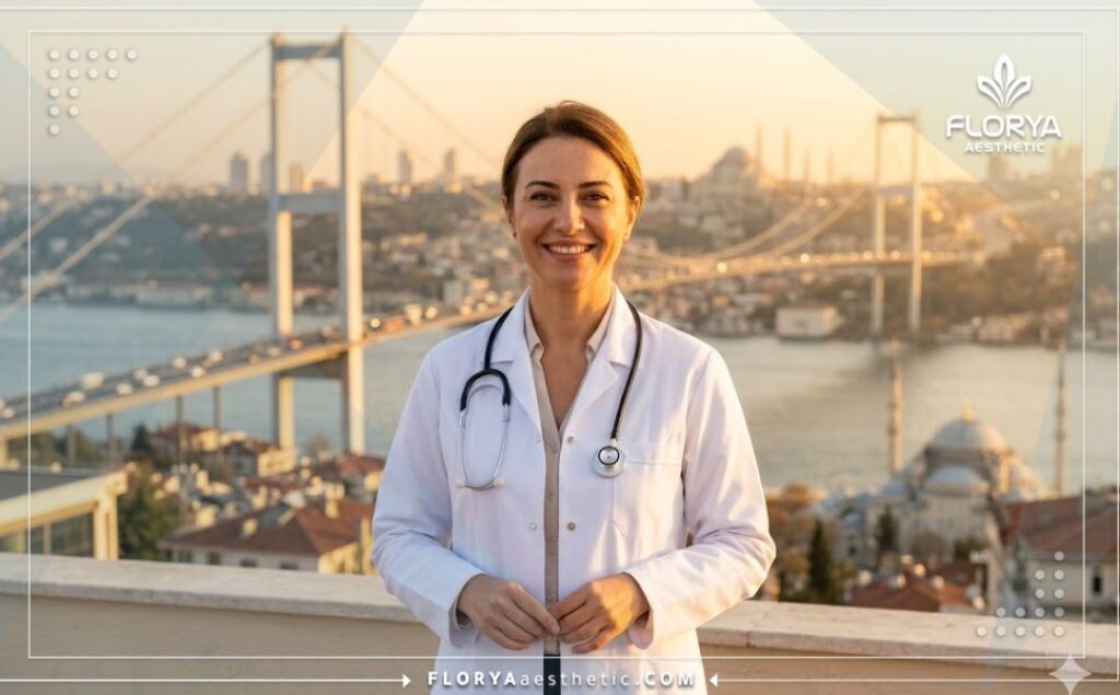 Friendly ophthalmologist standing before the Bosphorus Bridge in Istanbul, welcoming international patients.