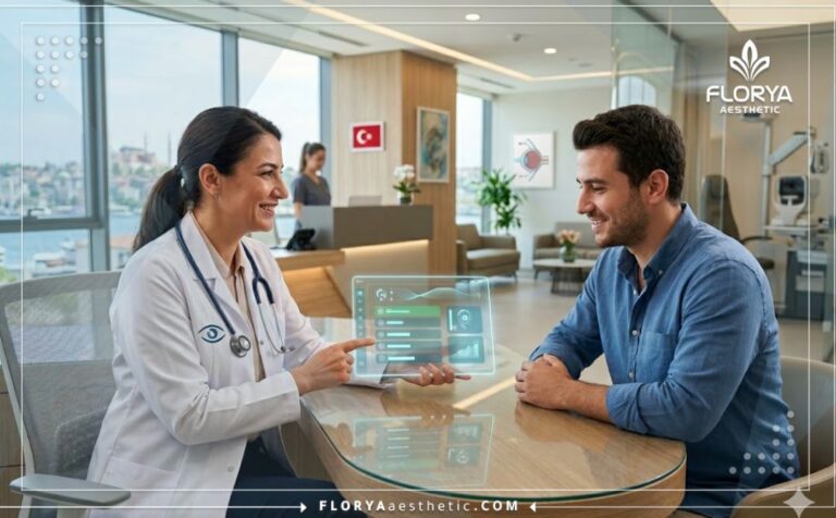 طبيب محترف يشرح تفاصيل سعر عملية الليزك في تركيا للمريض باستخدام تكنولوجيا رقمية متطورة.