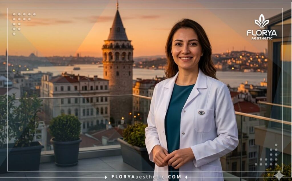 طبيب عيون يبتسم مع جسر البوسفور في الخلفية باسطنبول.