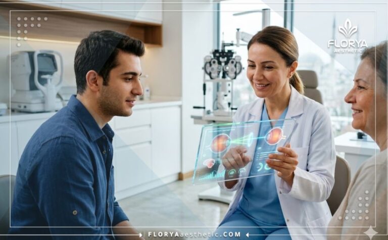 طبيب يشرح خطة علاج كسل العين بالليزر في تركيا باستخدام تقنيات حديثة.