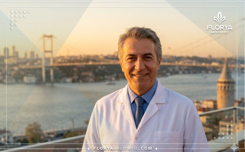 Welcoming aesthetic doctor standing in front of a recognizable Istanbul landmark at golden hour