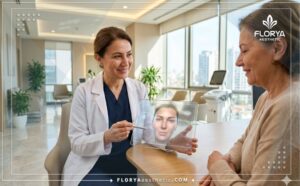 Профессиональный врач показывает цифровой план процедуры Лазерная блефаропластика в Турции