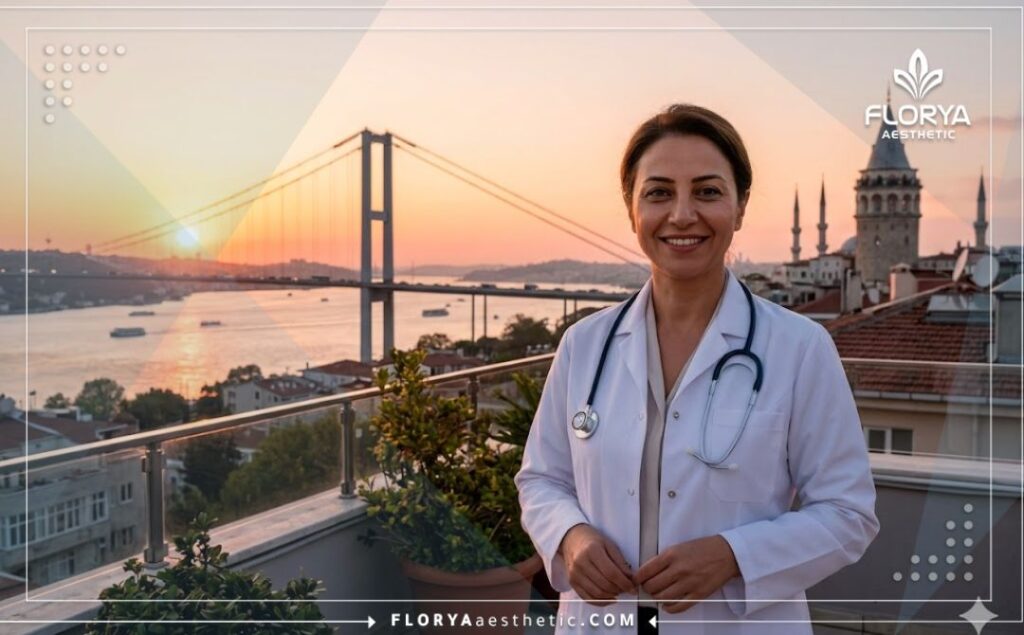 طبيب عيون يرحب بالمرضى في اسطنبول بالقرب من جسر البوسفور.