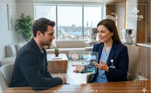 طبيب عيون يستخدم تكنولوجيا حديثة لشرح عروض تصحيح النظر في تركيا للمريض.