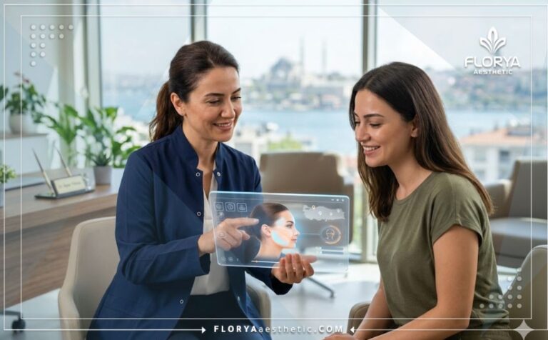 طبيب متخصص يعرض خطة علاج ليزر الجينيسيس في تركيا على جهاز لوحي متطور