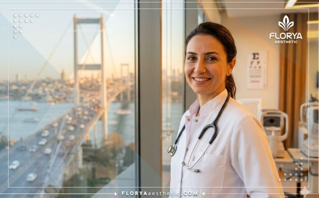 Ophtalmologiste souriant accueillant un patient à Istanbul au coucher du soleil