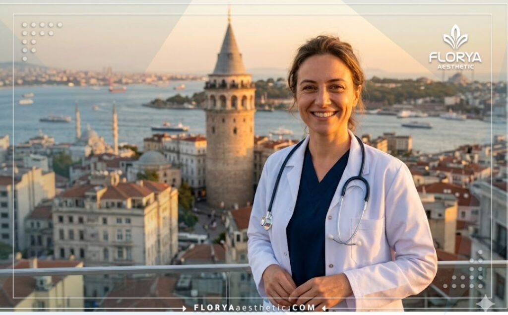 Friendly eye specialist welcoming patients to Istanbul near the Galata Tower