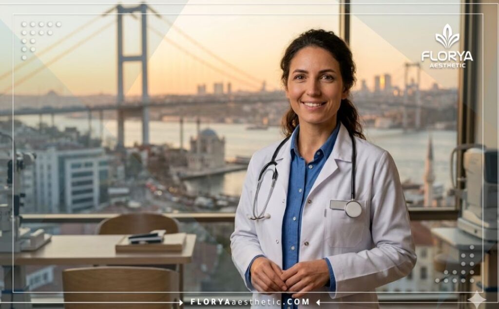 Médecin accueillant avec la Tour Galata d'Istanbul en arrière-plan sous une belle lumière